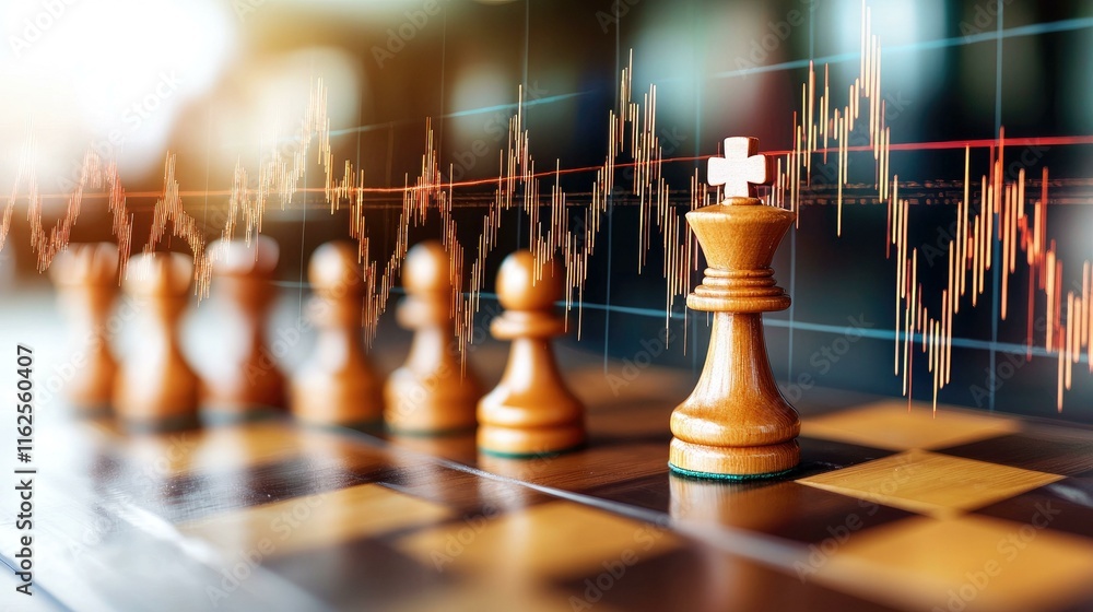 A strategic game of chess depicting a wooden chessboard with pawns and a king, symbolizing competition, decision-making, and strategic moves in business, finance, or life.