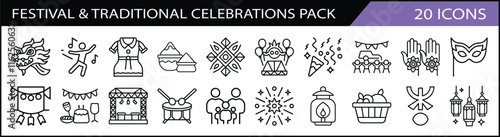 Festival and Traditional Celebrations Icon Set - A diverse collection of 20 icons celebrating global festivals and traditions, including lanterns, masks, decorations, and cultural symbols.