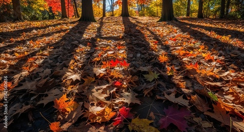 Autumn sun casting shadows on leaflittered ground creating a tapestry of light and color photo