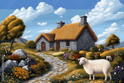 A pixel art depiction of an Irish countryside with tiny stone cottages, rolling green hills, and grazing sheep photo