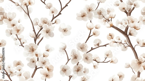 A rustic seamless floral vector pattern featuring natural elements like branches and soft blooms over a clean white background.  photo