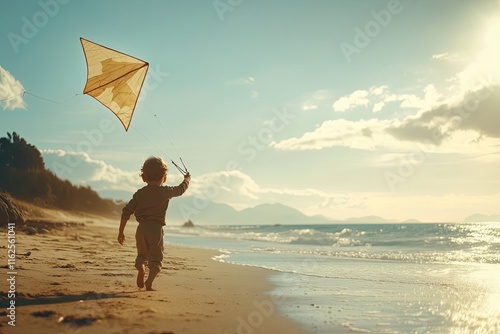 Child running on beach flying kite sunset photo
