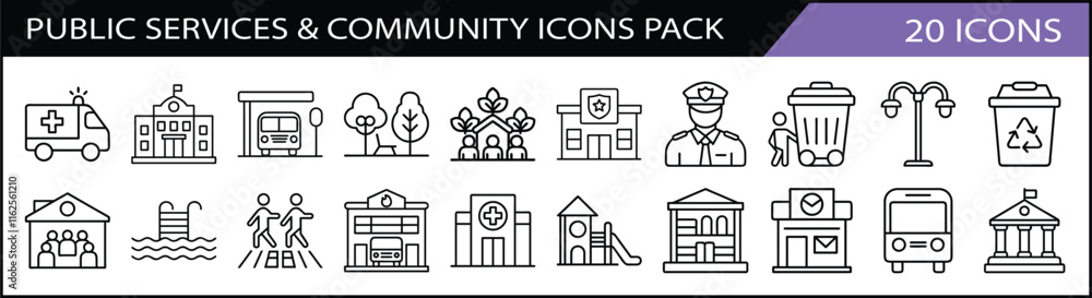 Public Services and Community Icons Set - A set of 20 icons representing public services and community themes, including police, healthcare, schools, parks, and recycling. Public Services and Community Icons Set - A set of 20 icons representing public services and community themes, including police, healthcare, schools, parks, and recycling.