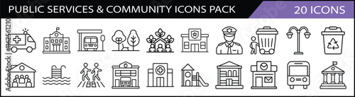 Public Services and Community Icons Set - A set of 20 icons representing public services and community themes, including police, healthcare, schools, parks, and recycling.