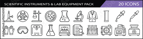 Scientific Instruments and Lab Equipment Icons - A collection of 20 icons featuring scientific instruments and lab equipment, including microscopes, flasks, test tubes, and safety tools.