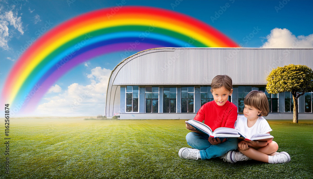 Fototapeta premium Kids modern school building Children Reading Book At Garden and rainbow with sky background