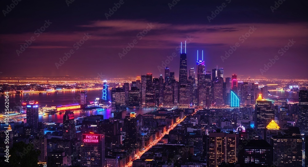 Fototapeta premium City skyline with neon signs adding vibrant colors to the nocturnal landscape