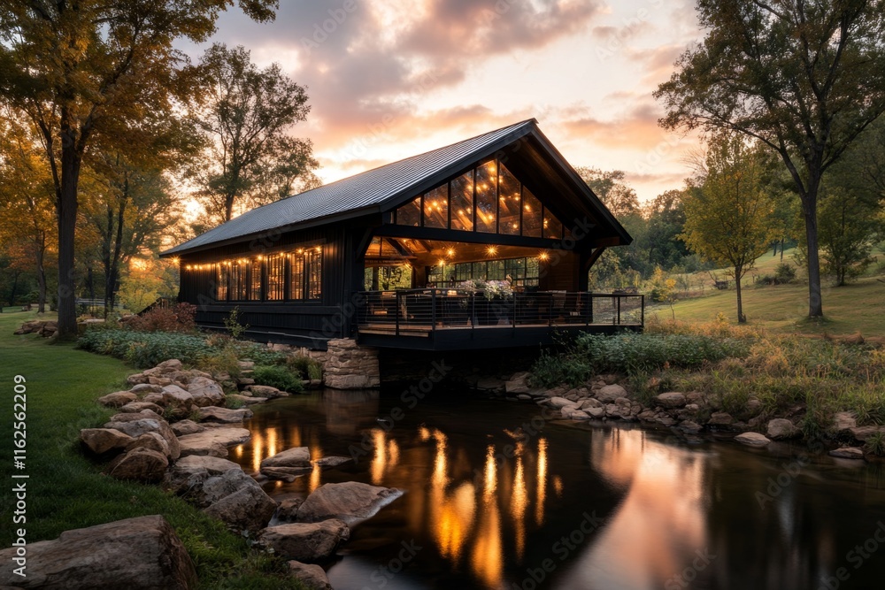 A rustic covered bridge in Madison County surrounded by lush trees and a gentle stream A rustic covered bridge in Madison County surrounded by lush trees and a gentle stream