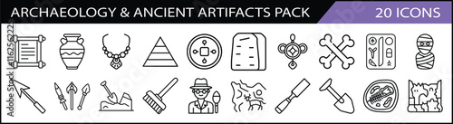 Archaeology and Ancient Artifacts Icon Pack - A pack of 20 icons focused on archaeology and ancient artifacts, featuring tools, fossils, pyramids, scrolls, and relics.