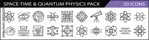 Space-Time and Quantum Physics Icon Set - Vector line icons representing quantum physics, space-time concepts, atoms, telescopes, and scientific theories in a modern style.