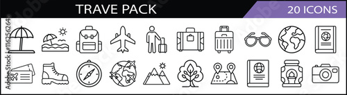 Travel Essentials and Adventure Icon Set - A set of 20 icons for travel enthusiasts, featuring luggage, maps, airplanes, passports, compasses, and adventure symbols.