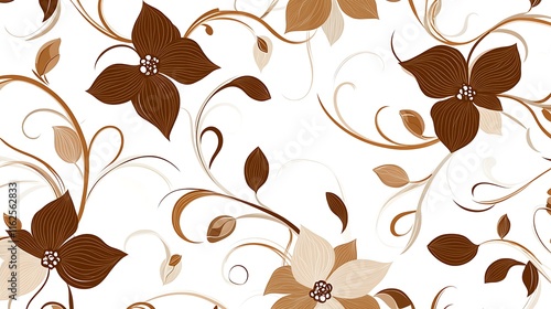 A seamless floral pattern with boho-inspired motifs in vector style, combining organic shapes on a white background.  photo