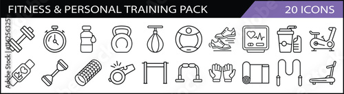 Fitness and Personal Training Icon Pack - A set of 20 line icons focused on fitness and training, including equipment like kettlebells, dumbbells, and treadmills for workout plans.