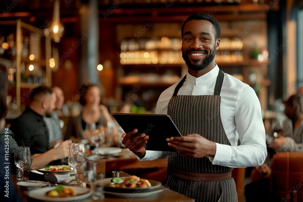 Smiling waiter presents menu options in a vibrant dining atmosphere during evening service Smiling waiter presents menu options in a vibrant dining atmosphere during evening service