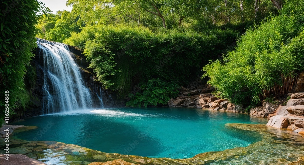 Naklejka premium Lush green foliage surrounding a waterfall that plunges into a crystalclear pool