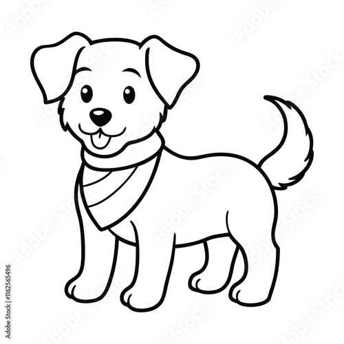 Line art design of an adorable cartoon dog, bandana around the neck.eps