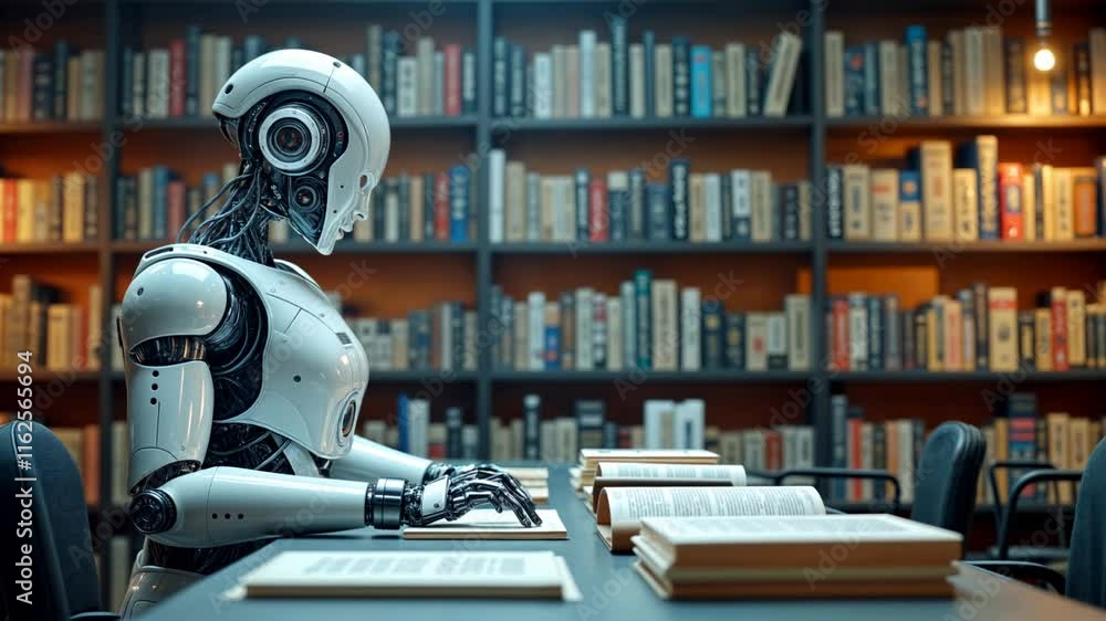 Humanoid robot studying books in a library. Concept of artificial intelligence, knowledge acquisition, and advanced learning technologies. Humanoid robot studying books in a library. Concept of artificial intelligence, knowledge acquisition, and advanced learning technologies.