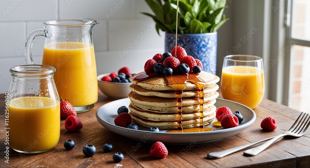 Φωτογραφία Pancake stack with syrup fresh berries and a glass of orange juice in a morning