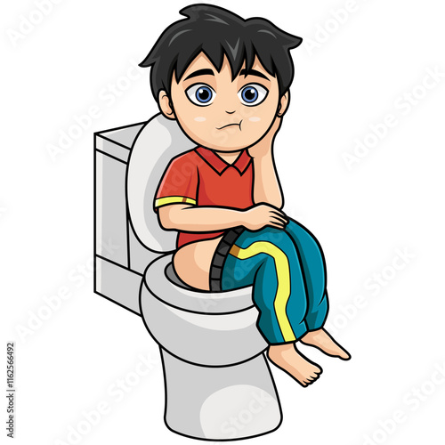 Cartoon little boy sitting on a toilet bowl