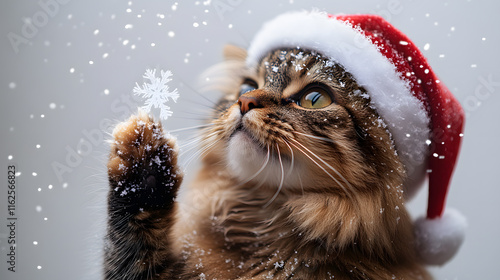 A detailed photography of a chubby Persian cat with long fur, wearing a tilted Santa hat and playfully swiping at imaginary snowflakes, standing out against the white background.