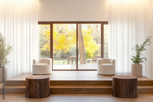 Modern interior design featuring natural elements and lush outdoor view