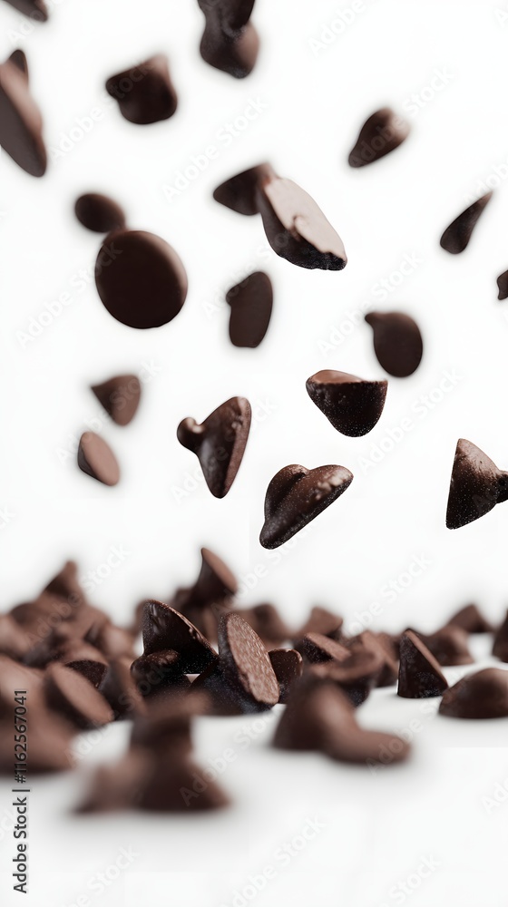 Chocolate chips falling onto a pile of chocolate chips Chocolate chips falling onto a pile of chocolate chips