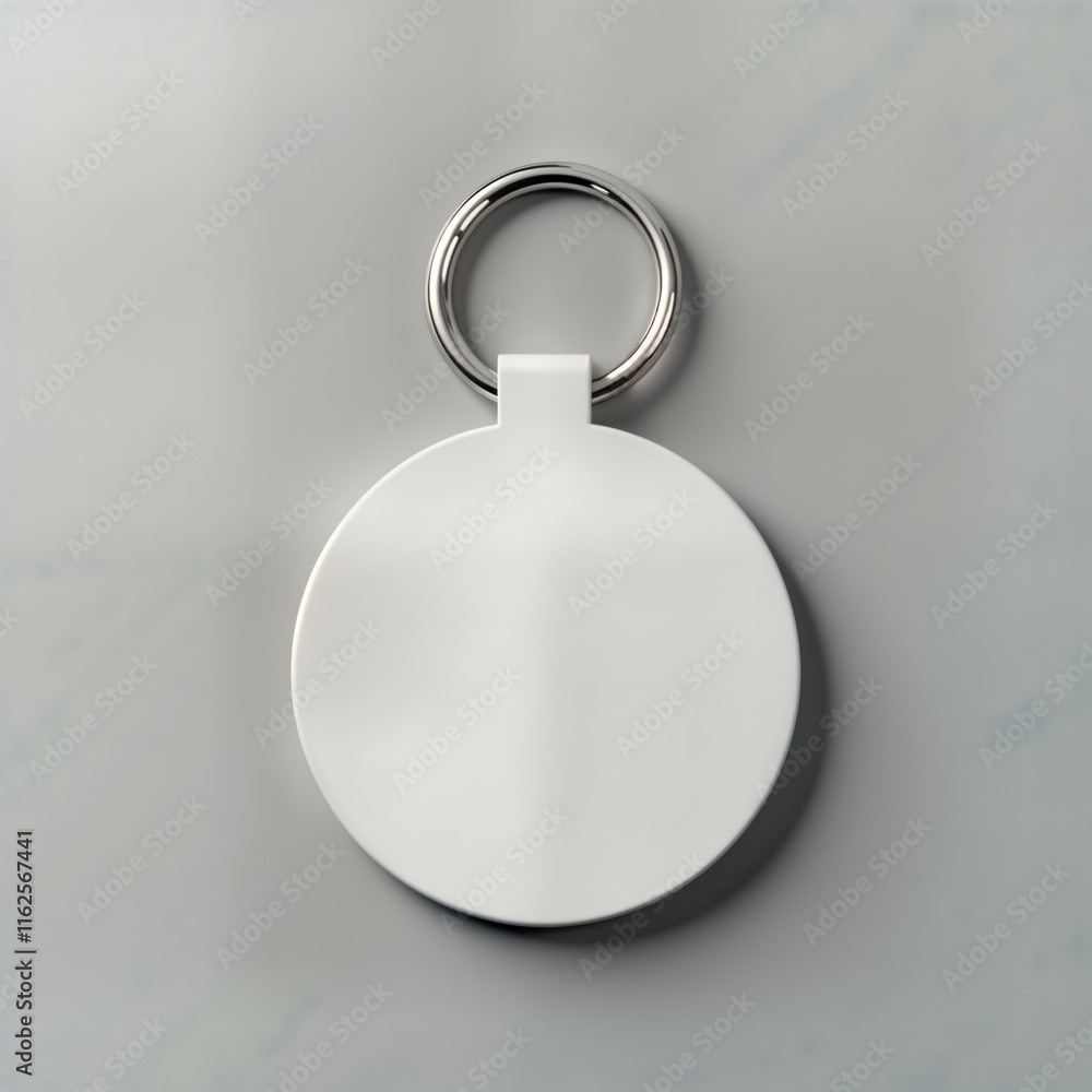 Blank white round keychain on gray background. Empty key holder template for design. Modern accessory for personal items. Versatile promotional object souvenir. High-quality mockup for branding. Blank white round keychain on gray background. Empty key holder template for design. Modern accessory for personal items. Versatile promotional object souvenir. High-quality mockup for branding.