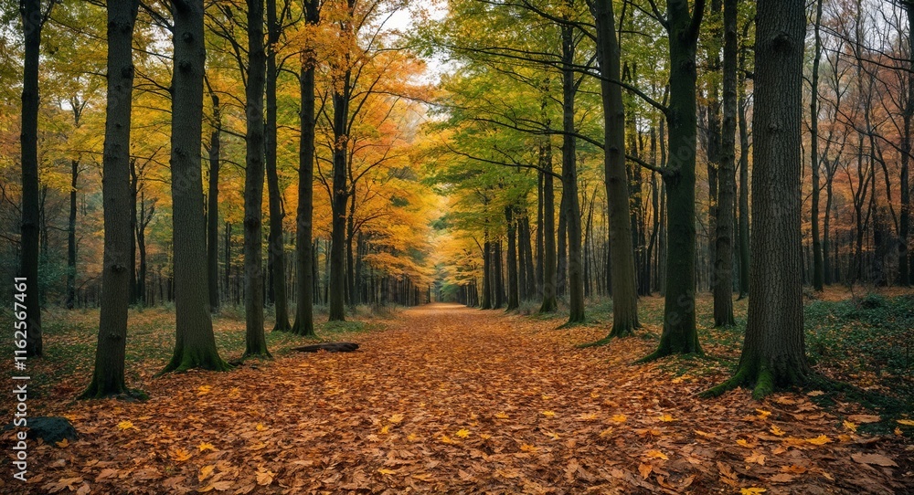 Obraz premium Quiet forest with leaves crunching underfoot in the crisp autumn air