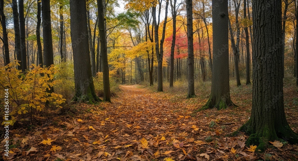 Obraz premium Quiet forest with leaves crunching underfoot in the crisp autumn air