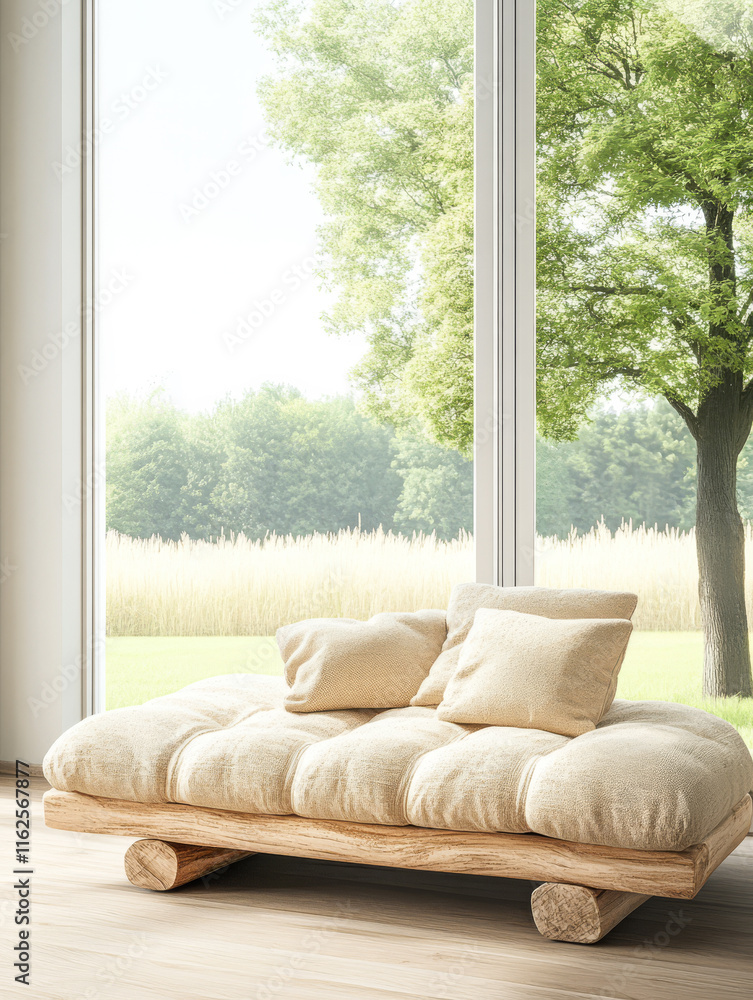 Cozy and inviting living space with a natural view of green trees and sunlight Cozy and inviting living space with a natural view of green trees and sunlight