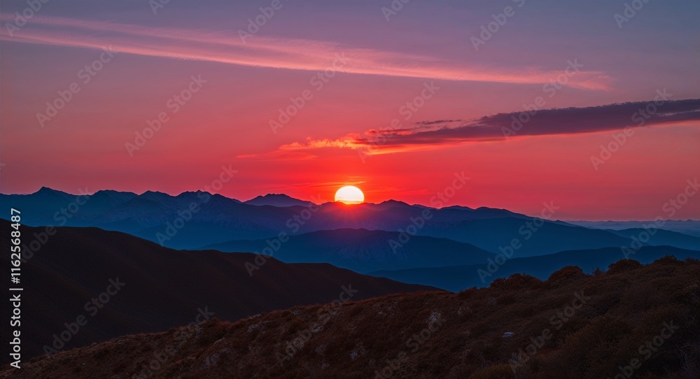 Serene sunset over a range of mountains with the sun just dipping below the horizon Serene sunset over a range of mountains with the sun just dipping below the horizon