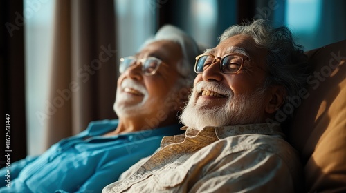 Two elderly men share comfortable smiles while seated side by side on a couch, representing friendship, contentment, and peaceful companionship in golden years. photo