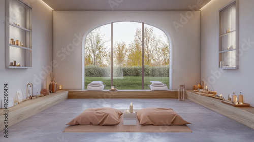 Fototapeta Naklejka Na Ścianę i Meble -  Serene meditation space with natural light and tranquil outdoor view in a modern design