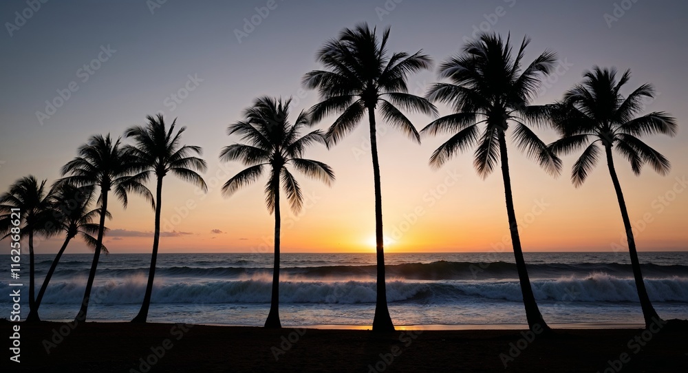 Silhouette of palm trees with dawn waves creating a postcard perfect image Silhouette of palm trees with dawn waves creating a postcard perfect image