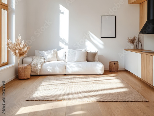 Bright and airy living room with cozy sofa and natural decor in a modern interior space