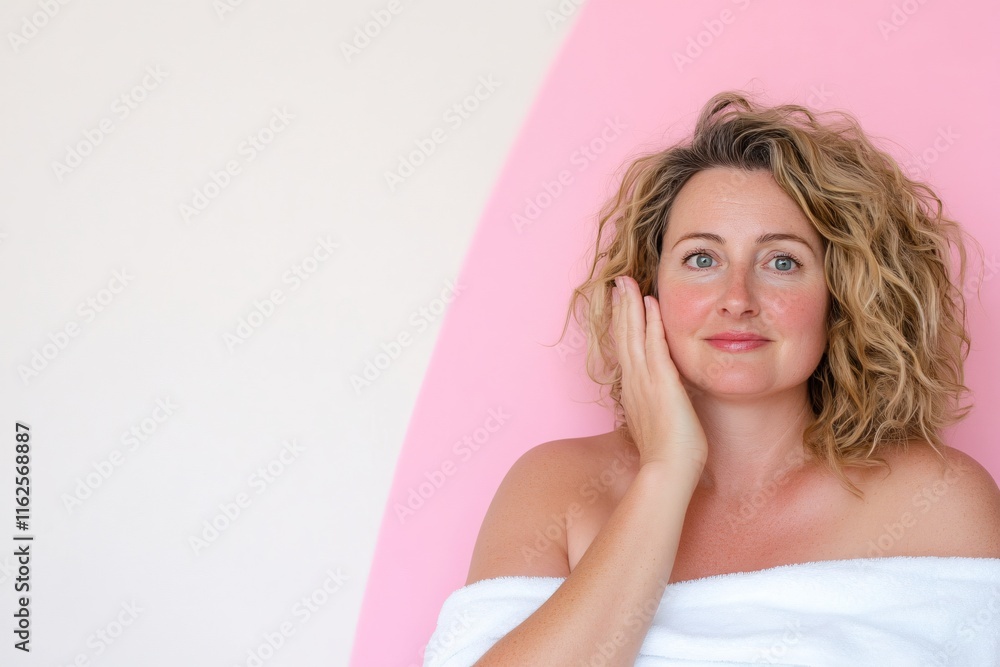 Woman in Towel with Curly Hair Posing Against Soft Pink Background in Spa Setting Woman in Towel with Curly Hair Posing Against Soft Pink Background in Spa Setting