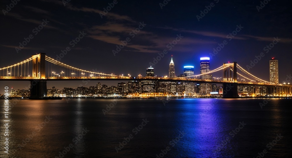 Obraz premium Skyline with the city bridge lit up adding structure to the night scene