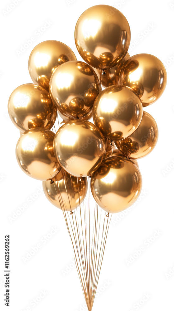 Metallic gold balloons hovering, festive party decor with transparent background, celebrating special moments Metallic gold balloons hovering, festive party decor with transparent background, celebrating special moments
