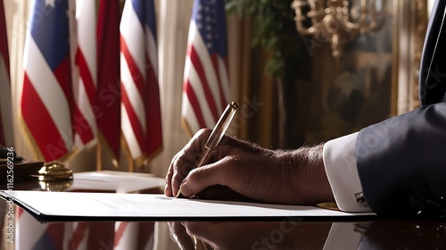 Close-up of a hand signing a document at a formal event, with flags in the background.