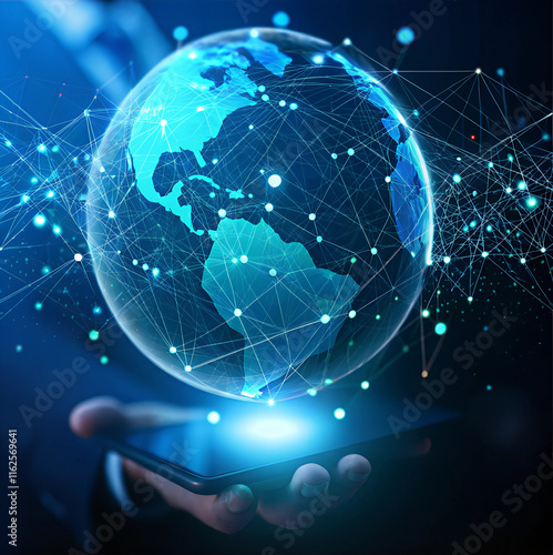 Businessman holding smartphone with glowing holographic globe symbolizing global connectivity