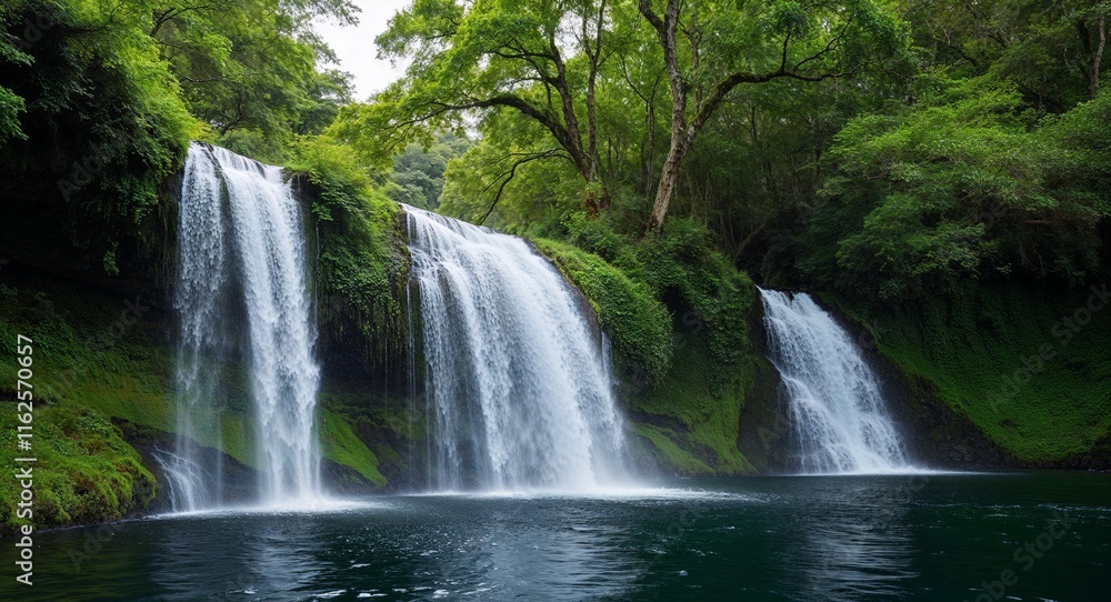 The cool spray of a waterfall cooling off a lush green environment The cool spray of a waterfall cooling off a lush green environment