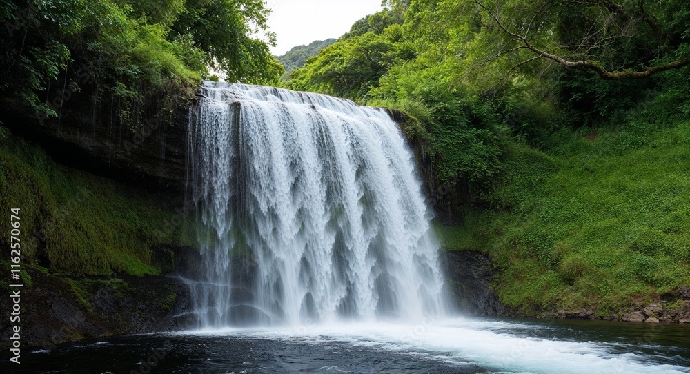 Obraz premium The cool spray of a waterfall cooling off a lush green environment