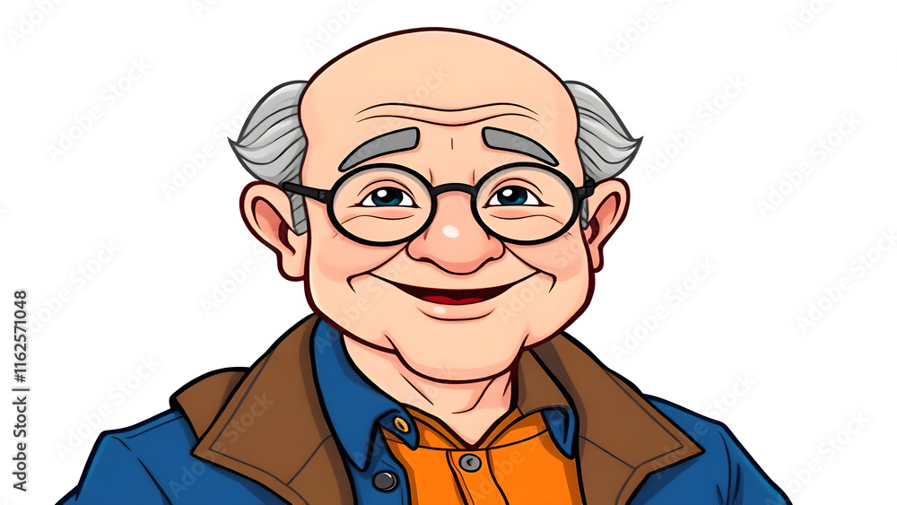 Cheerful Elderly Man with Glasses in Blue Shirt and Brown Jacket Cheerful Elderly Man with Glasses in Blue Shirt and Brown Jacket