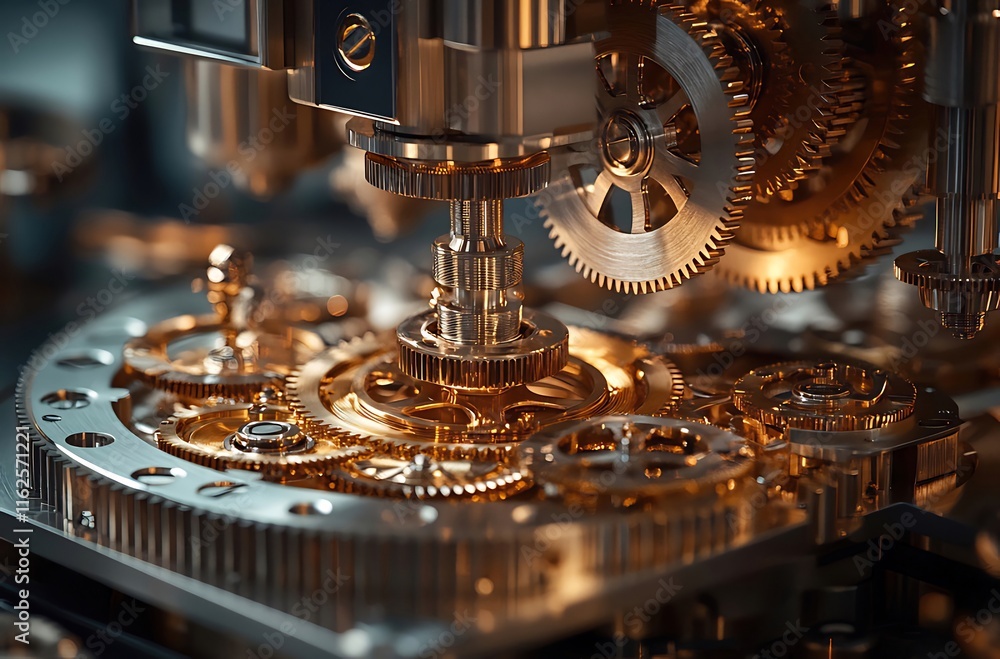 Close-up of intricate golden gears and metallic components in complex machinery. Close-up of intricate golden gears and metallic components in complex machinery.