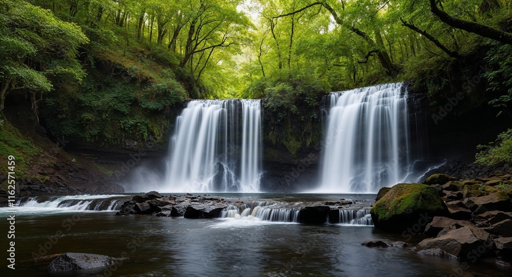 Obraz premium Waterfall cascading through a forest dense with greenery creating a natural symphony