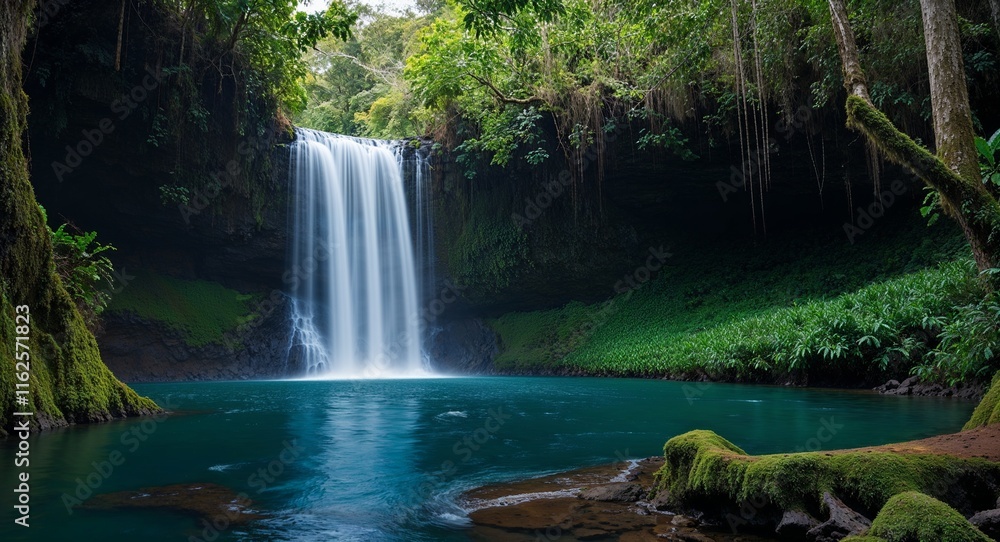 Waterfall in a rainforest where the water seems to merge with the dense green foliage Waterfall in a rainforest where the water seems to merge with the dense green foliage