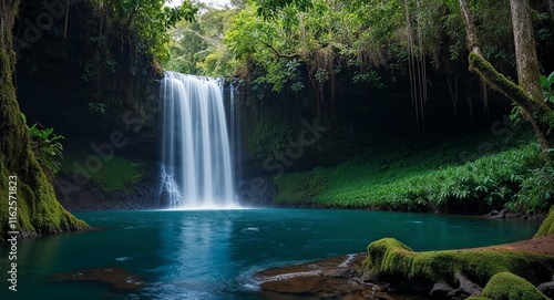 Waterfall in a rainforest where the water seems to merge with the dense green foliage