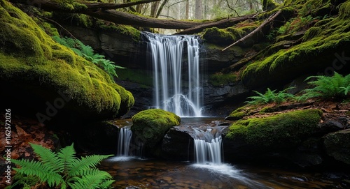 Waterfall with moss covered rocks and ferns creating a fairylike environment