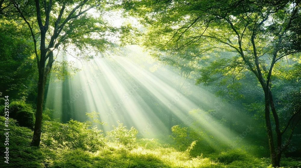 Dense green foliage of tall trees, with sunlight breaking through to light the serene ground Dense green foliage of tall trees, with sunlight breaking through to light the serene ground