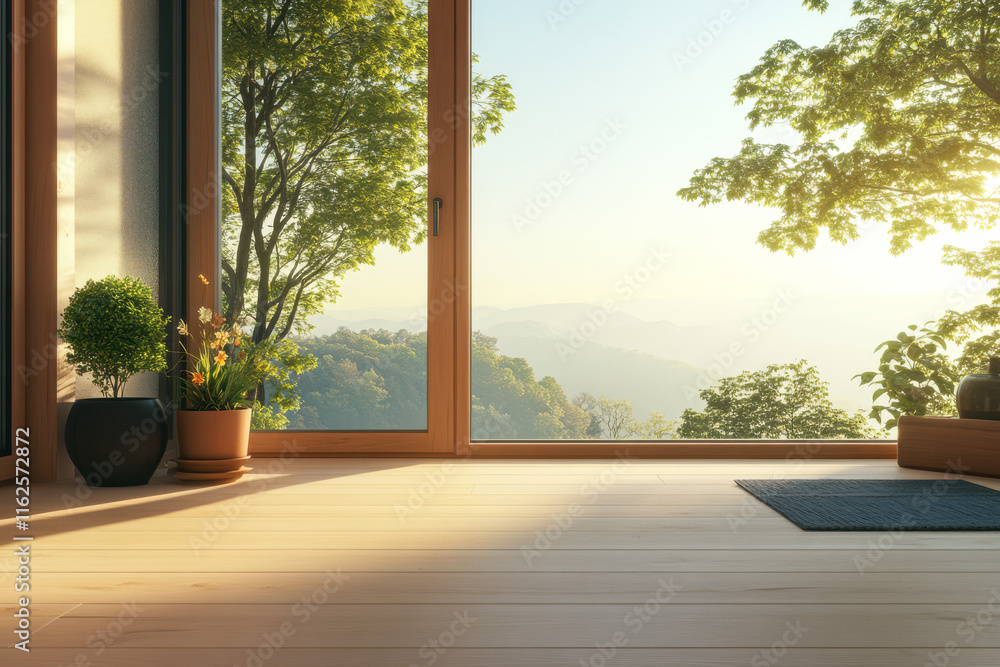 Fototapeta premium Bright wooden interior with large windows showcasing a serene mountain landscape at dawn
